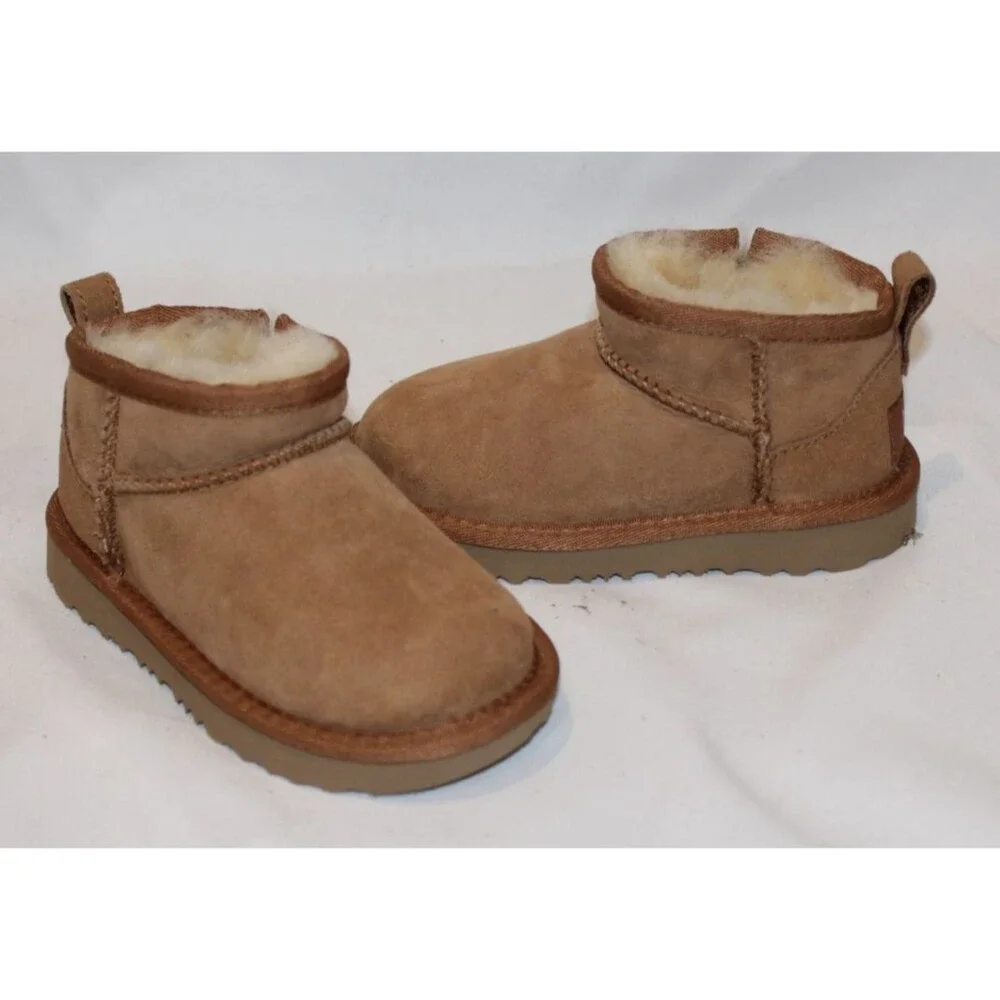 NIB UGG TODDLER‎ ULTRA MINI ZIP SUEDE SHEARLING LINED BOOTS CHESTNUT SZ 8